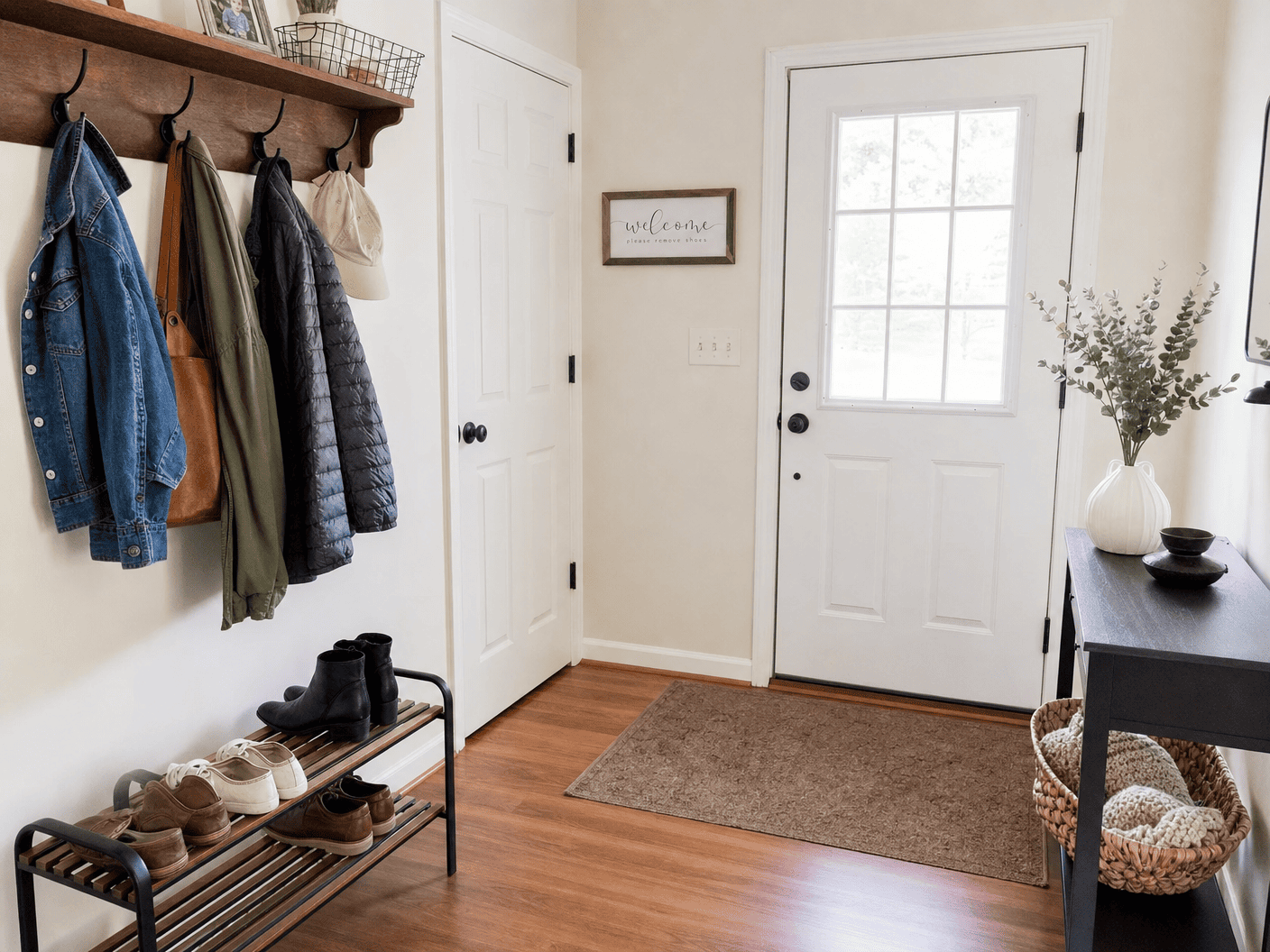 Tidy entryway with organized shoes and coats